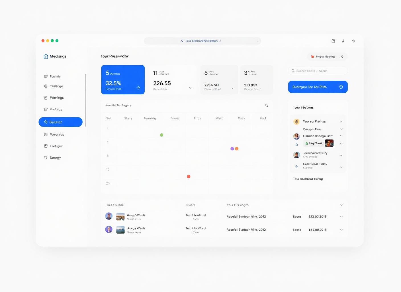 Painel do TripFlow mostrando gestão de reservas e calendário